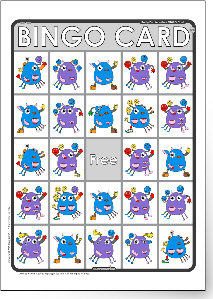 Body-Part Monsters BINGO Card Example